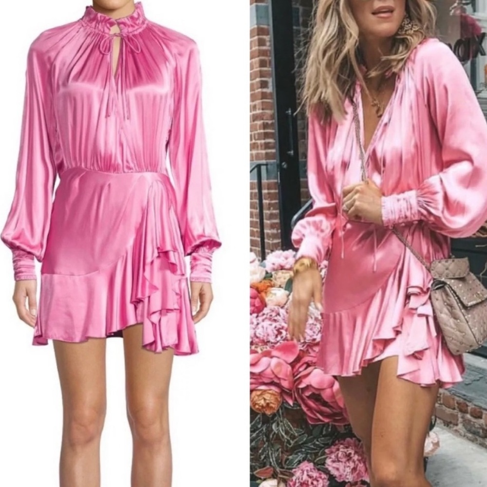 Divine Heritage - Pink Satin Crossover Ruffle Mini Dress SMALL